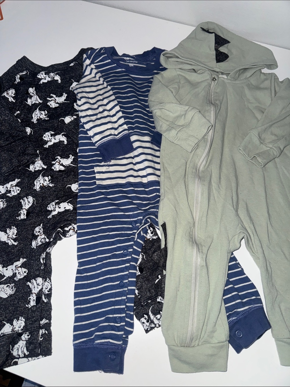 Bundle of 3 Baby Rompers - Dalmatians, Blue/White Stripes + Green Dino 12 Months